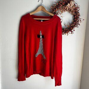 Karl Lagerfield Womens Eiffel Tower Bow Sweater LARGE Red Long Sleeve